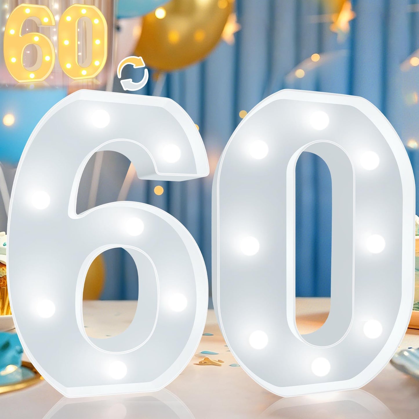 Pooqla LED Number 60 Decoration for 60th Birthday Party, Marquee Sign, Cool White and Warm White, Plastic, Model DENC-BP-01