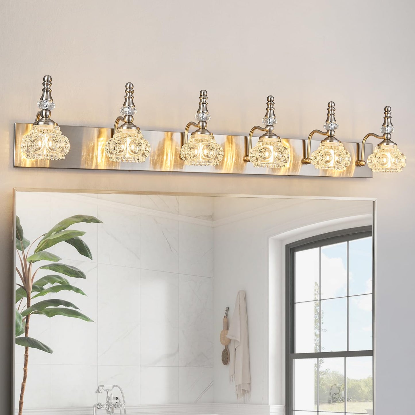 Lbsqj Modern Glass Crystal Vanity Light - Vintage Bathroom Lighting Fixtures Over Mirror  6 Light Vanity Lights G9 Bulb (43.3 Inch  Nickel)