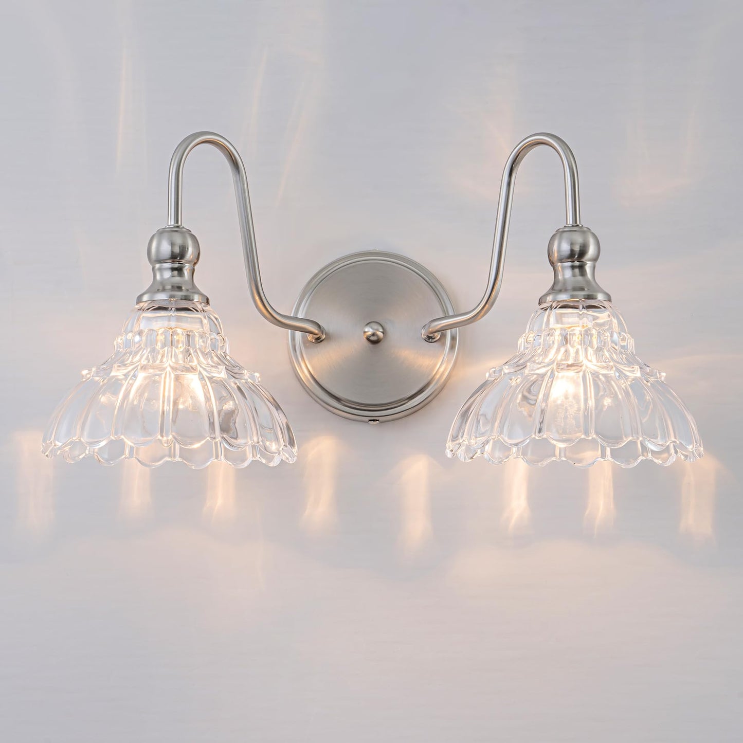Brknit Vintage Bathroom Light Fixtures Over Mirror  2-Light Brushed Nickel Wall Sconce Lighting With Flower Glass Shade  Farmhouse Vanity Lights For Bedroom Kitchen Living Room Hallway Light
