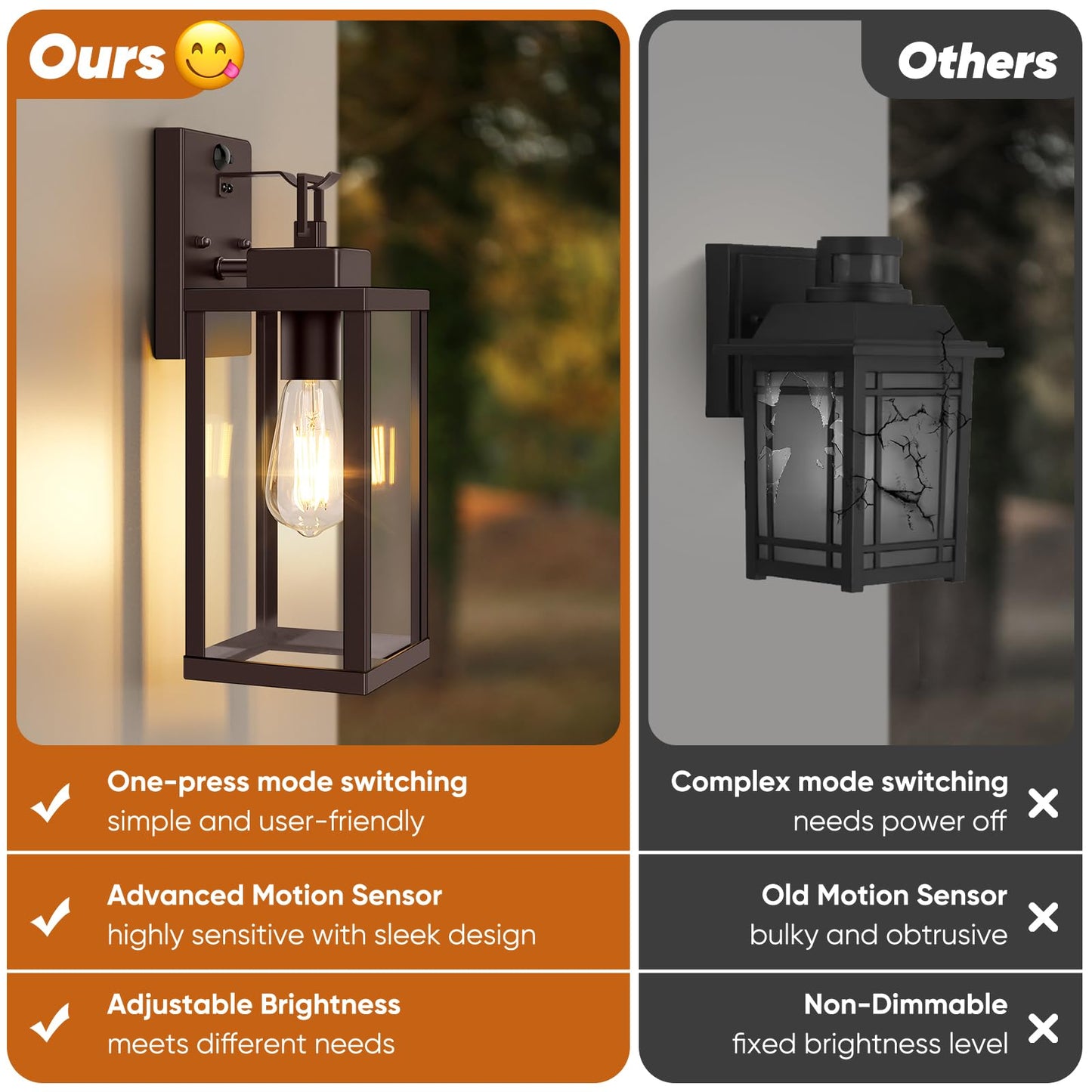 Beslowe 14  Upgraded Motion Sensor Outdoor Wall Lights  Dusk To Dawn Porch Lights Outdoor Wall Sconces  3 Lighting Modes Exterior Lighting Fixtures With Hooks  Brown Outside Lights For House  2-Pack