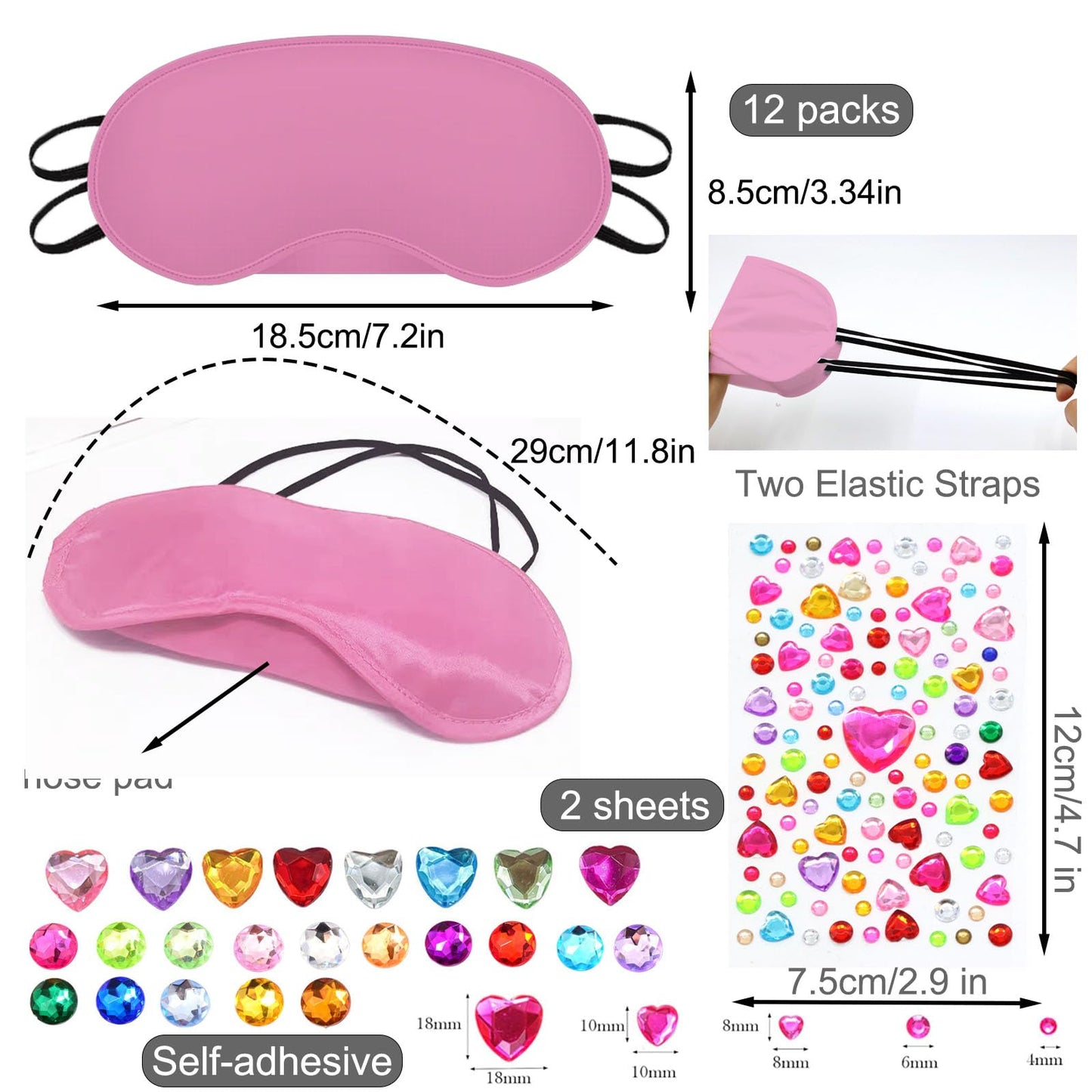 22 PCS Sleepover Party Supplies, 12 PCS Sleep Eye Masks Blindfold Slumber Eye Covering with 2 Sheets Self-Adhesive Heart Rhinestones Gems&8 PCS Fabric Marker Pens, Pink