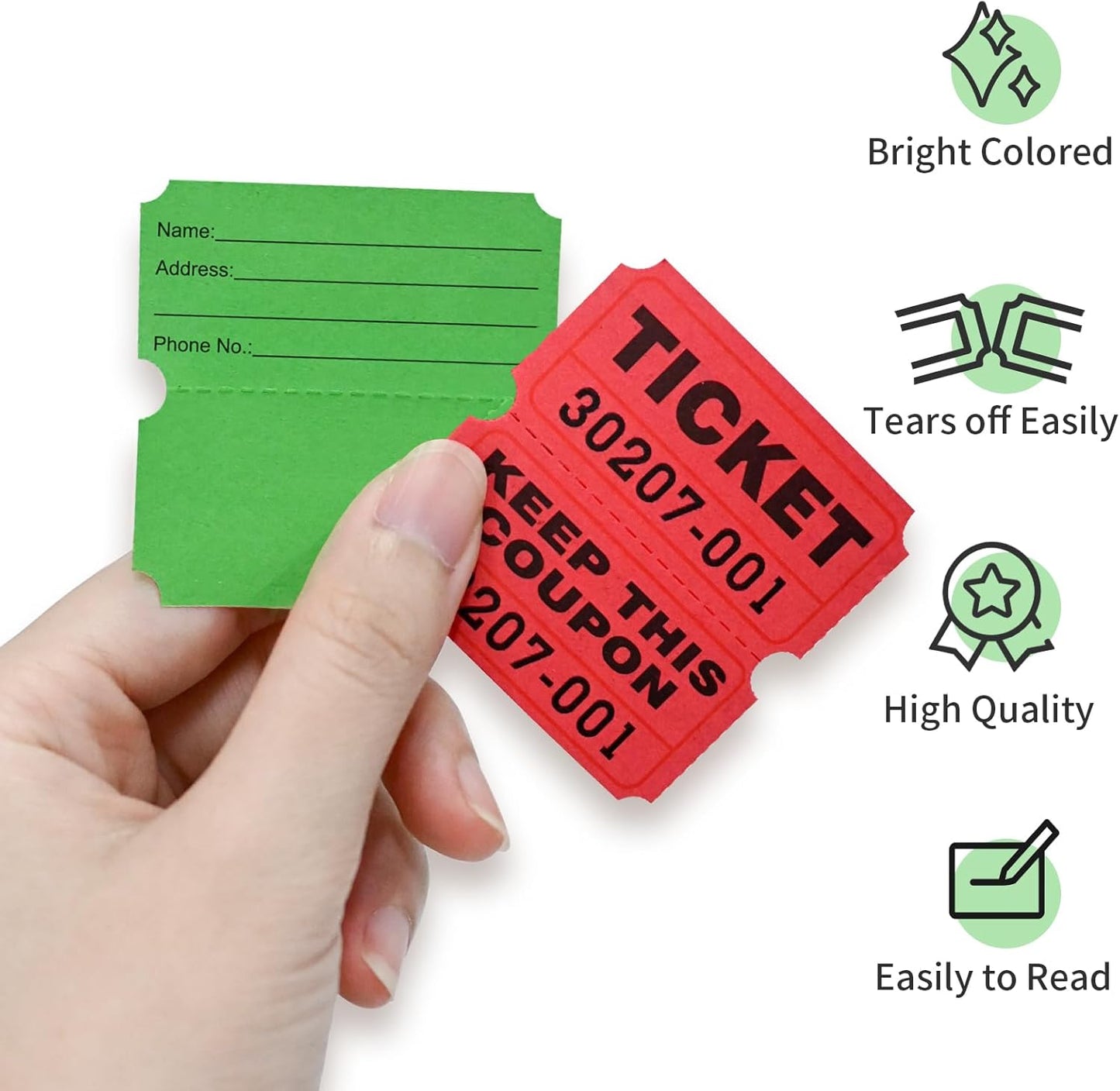 L LIKED 2000 Raffle Tickets Double Rolls 50/50 Stub Tickets with Consecutive Numbers 1000 Pairs per Roll,2 Rolls-Green,Red