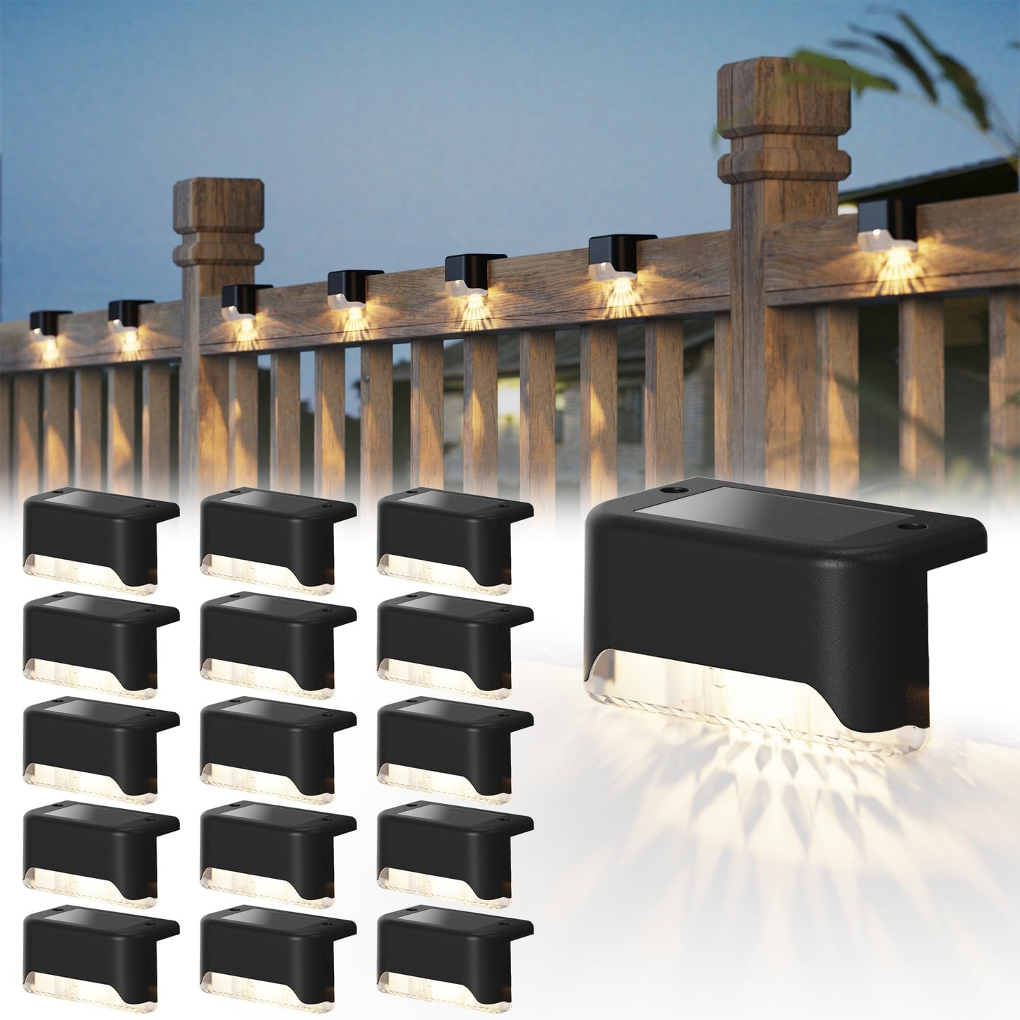 pearlstar Solar Step Lights 16 Pack Waterproof LED Fence Lamp for Patio, Stairs, Garden - Black Model 588