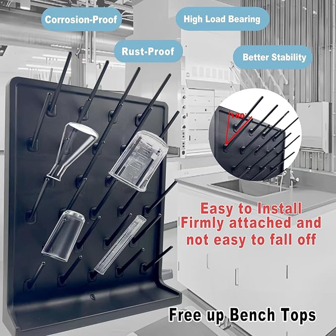 Lab Drying Rack 27 Pegs Laboratory Cabinets Glass Drying Racks Wall-Mount Black Cleaning Frame for School Laboratory Utensils Hidden Installation