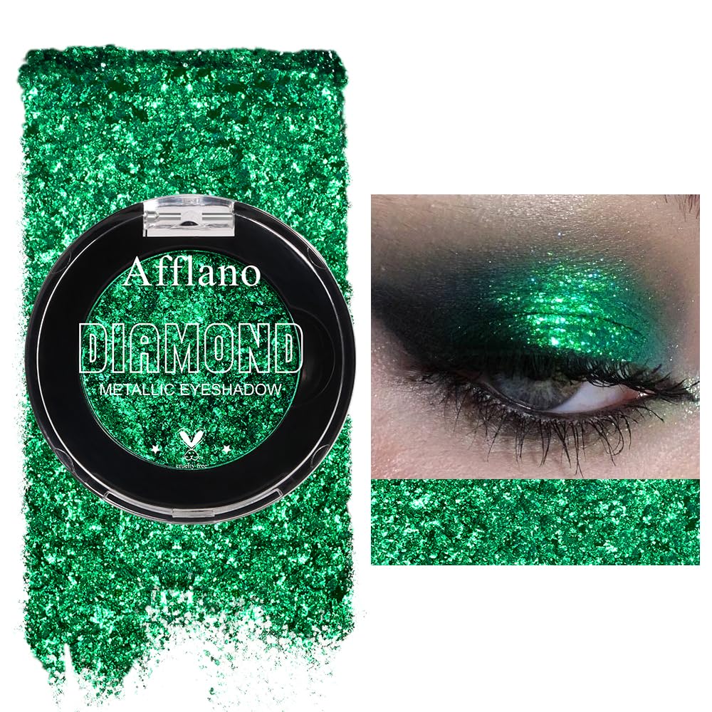 Afflano Green Glitter Eyeshadow Makeup, Chrome Emerald Green Eyeshadow palette Instant Color, Highly Pigmented, Metallic Shimmer