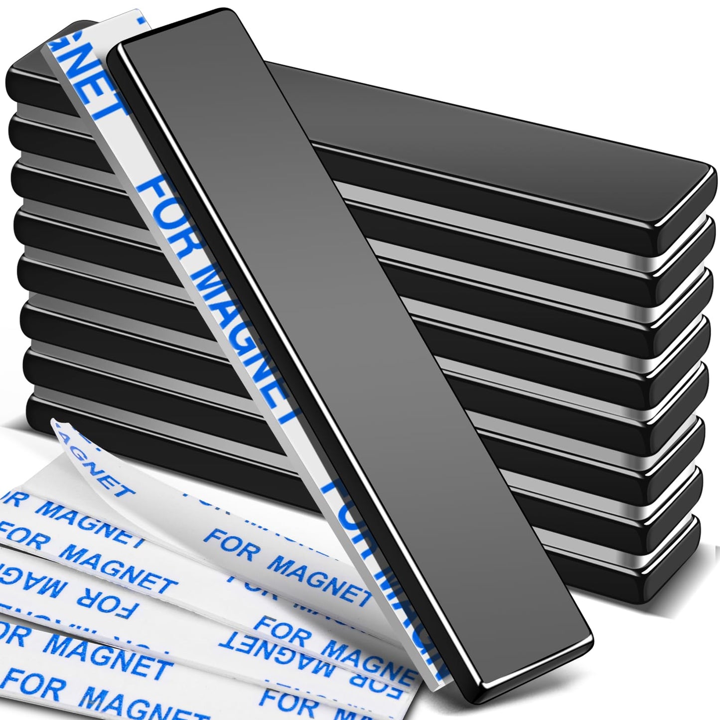 MIKEDE Magnets, 9 Pack Strong Neodymium Bar Magnets with Adhesive Backing, Rare Earth Fridge Magnet Heavy Duty, Metal Powerful Black Magnet for Craft, Whiteboard, Garage, Kitchen - 60x10x3 mm