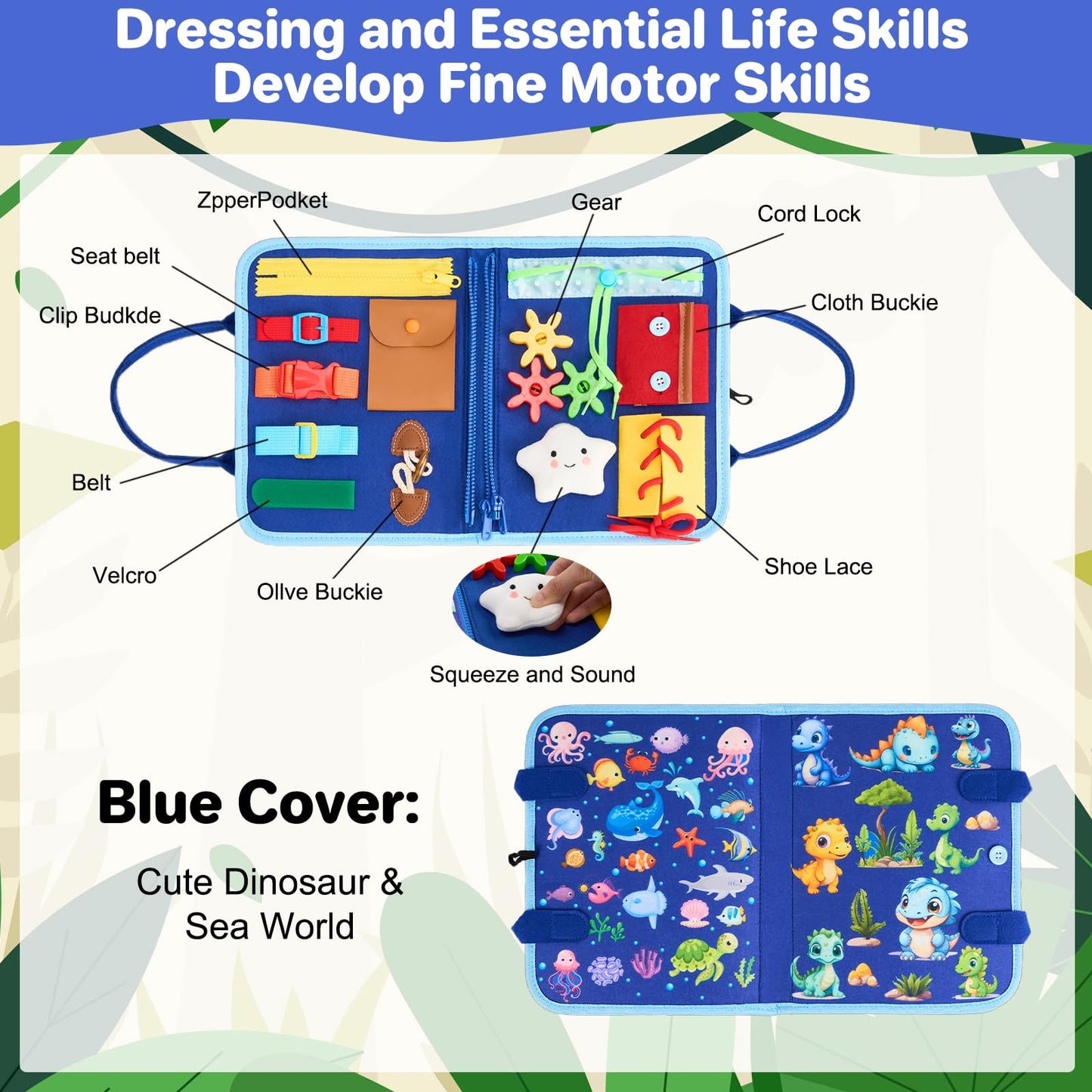 TOYSYM Toddler Busy Board Montessori Toys, Sensory Toys for 1 2 3 4 Year Old Boy, Busy Book Travel Educational Activities for Learning Fine Motor Skills Birthday Gifts (Blue Dinosaur/P10)
