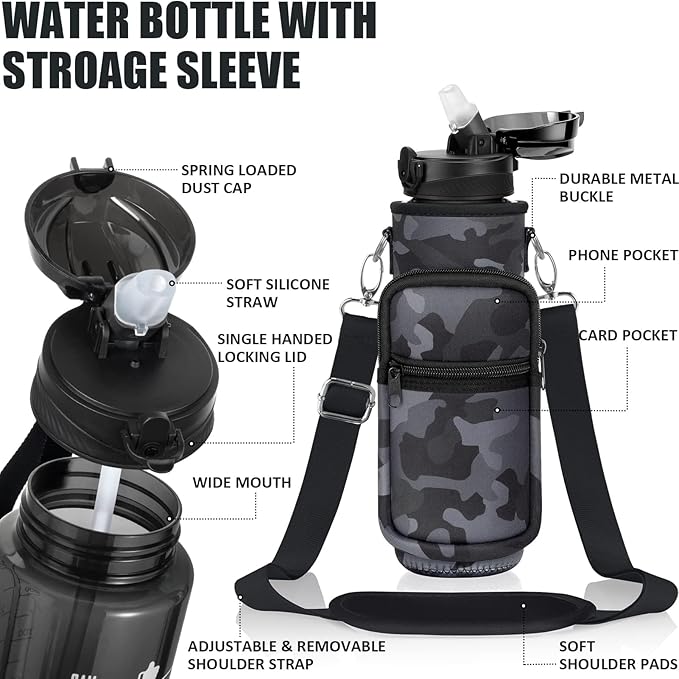 Fimibuke 32 oz Water Bottle with Sleeve - BPA Free Leakproof Sport Large 1L Plastic Motivational Water Bottle with Straw Strap & Insulated Neoprene Holder Carrier Bag Great Xmas Gift for Women Men
