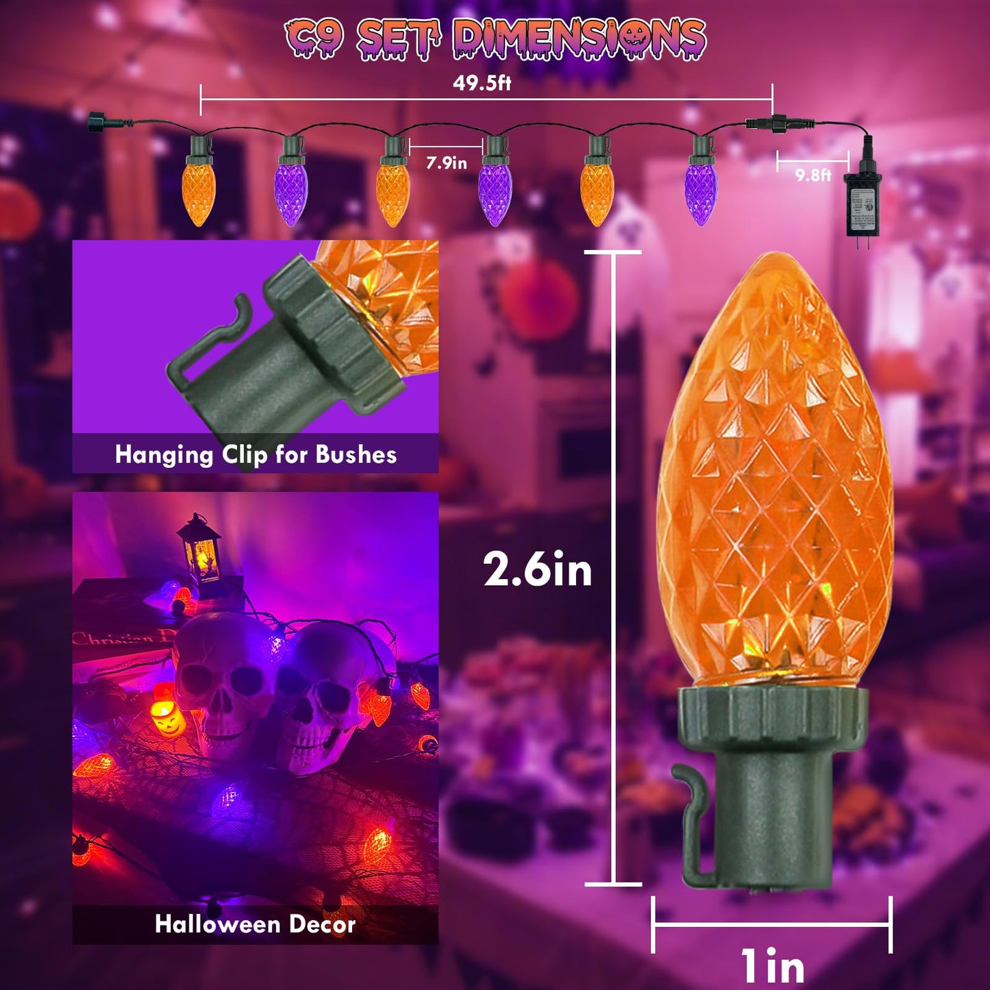 LORRYTE 2PK C9 Halloween Lights 100 LED Purple and Orange, 98FT Extendable String Lights with 13 Modes & Timer, Waterproof