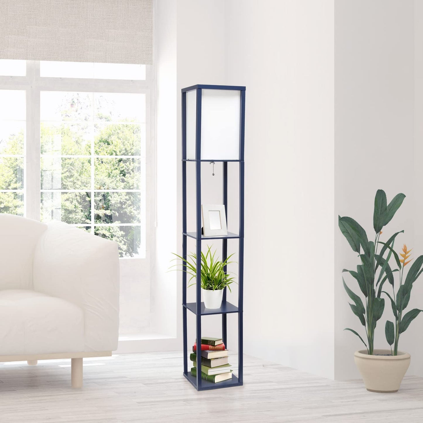 LALIA HOME Column Shelf Floor Lamp, Wood with Linen Shade, Model LHF-3004-NV, Navy