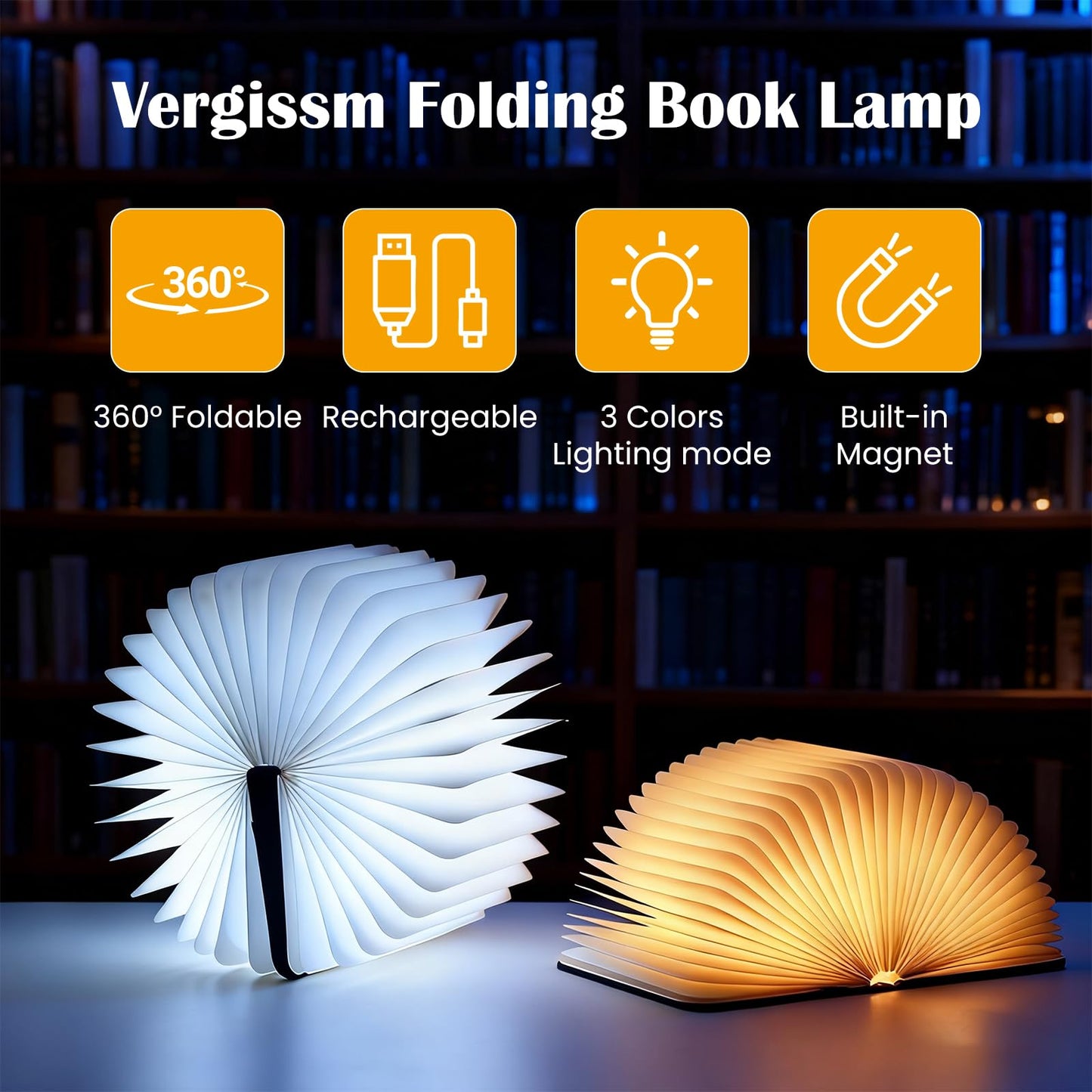 6.5 Inch Book Lamp, Foldable Paper Book Light, Bookshaped Night Light Embossed Cover Design, Rechargeable Folding Paper Lamp, Perfect Books Decor & Book Lovers, Women or Friend, Christmas Gifts Choice