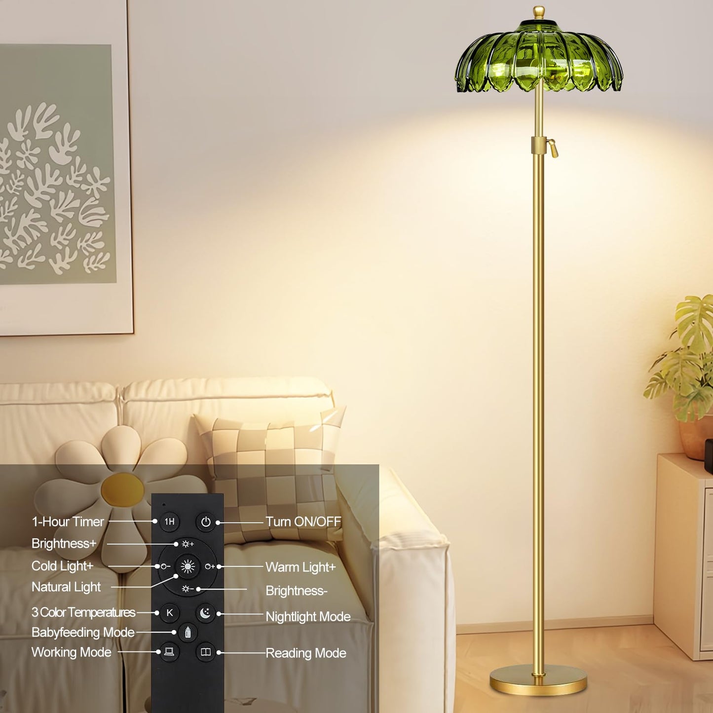 ZECOXOL Vintage Floor Lamp with Remote Control, Brass Flower Design, 11.8 inch, Green, Model 001, Mid Century Modern