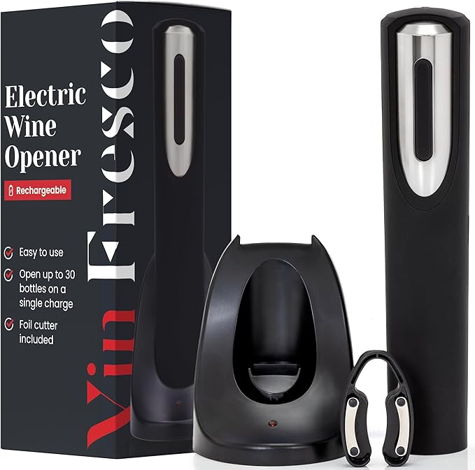 Rechargeable Electric Wine Bottle Opener - Charging Base and Foil Cutter Included with Automatic Wine Opener - Electric Corkscrew for Easy Cork Removal - Best Gift for Wine Lover (Black & Silver)