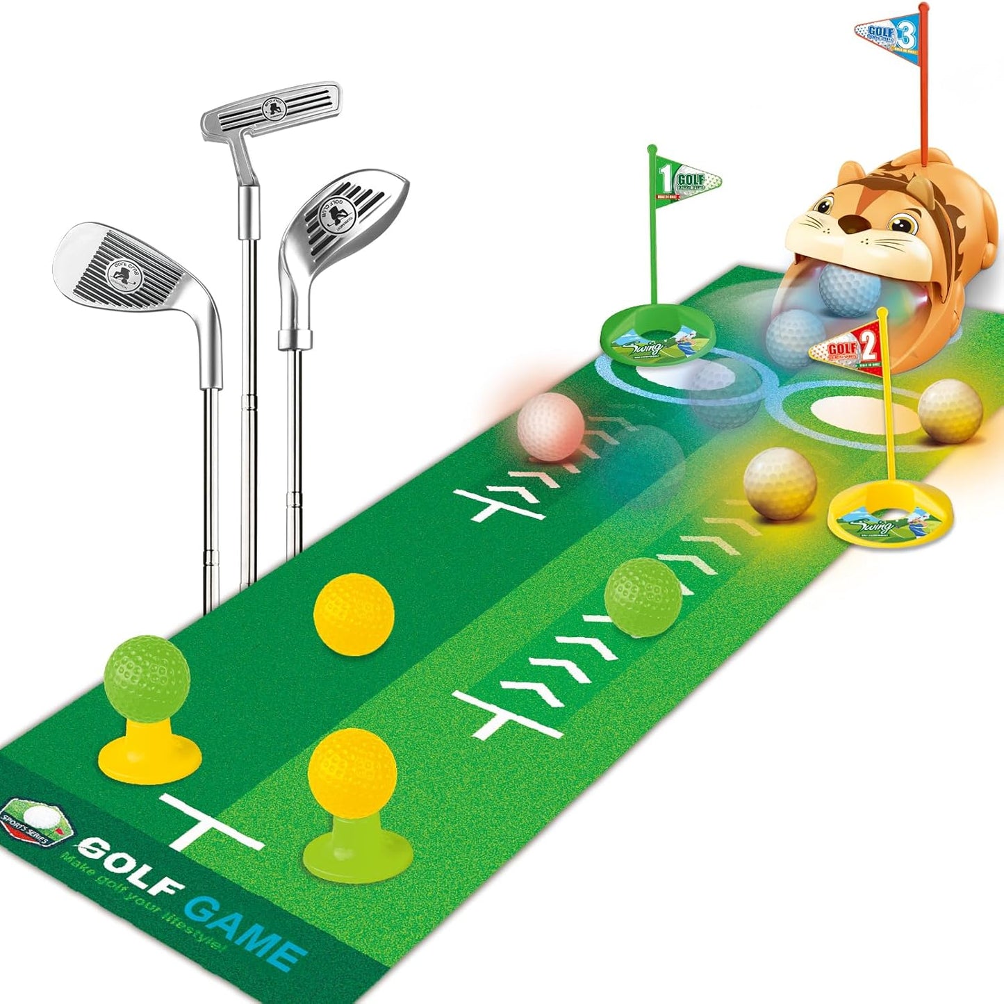 Toddler Golf Set for Age 3+ - Kids Golf Clubs Retractable with Light Automatic Golf Returner, 4 Glow Golf Balls and Putting Mat - Golf Games Sports Toys Gift for Outdoor Indoor Play