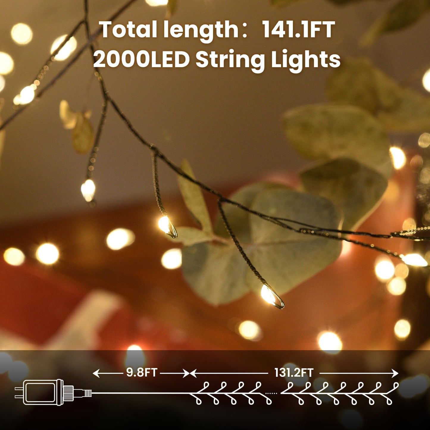 Dailyart Fairy Lights Plug In  2000 Led Twinkle String Light With Remote 130Ft Waterproof 8 Modes Warm Cluster Lights With Timer For Bedroom Wreath Window Wedding Christmas Tree Decoration Black Wire