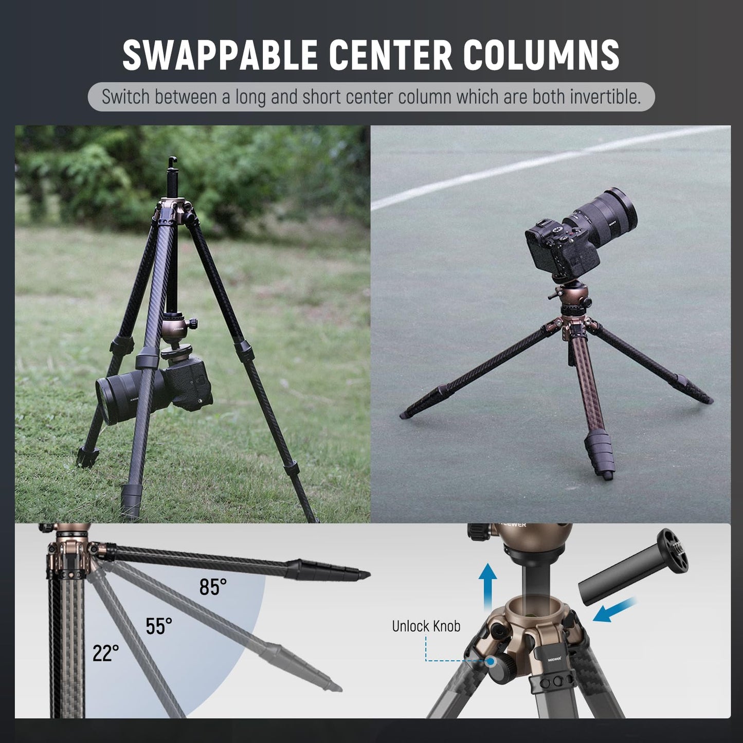 Neewer Litetrip Lt35 61  Travel Tripod Carbon Fiber W Pan Tilt Low Profile Ball Head, Arca Qr Plate Compatible With Peak Design