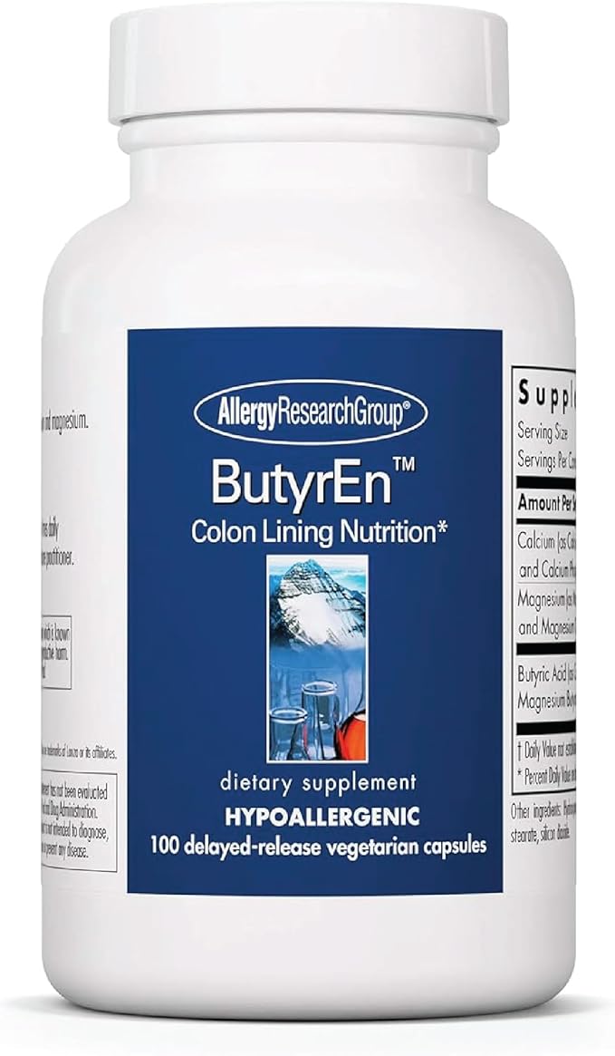 Allergy Research Group ButyrEn Supplement - Butyrate Gut Health Supplement, Colon Lining Nutrition, Butyric Acid, Delayed-Release, Vegetarian Capsules, Gluten Free - 100 Count