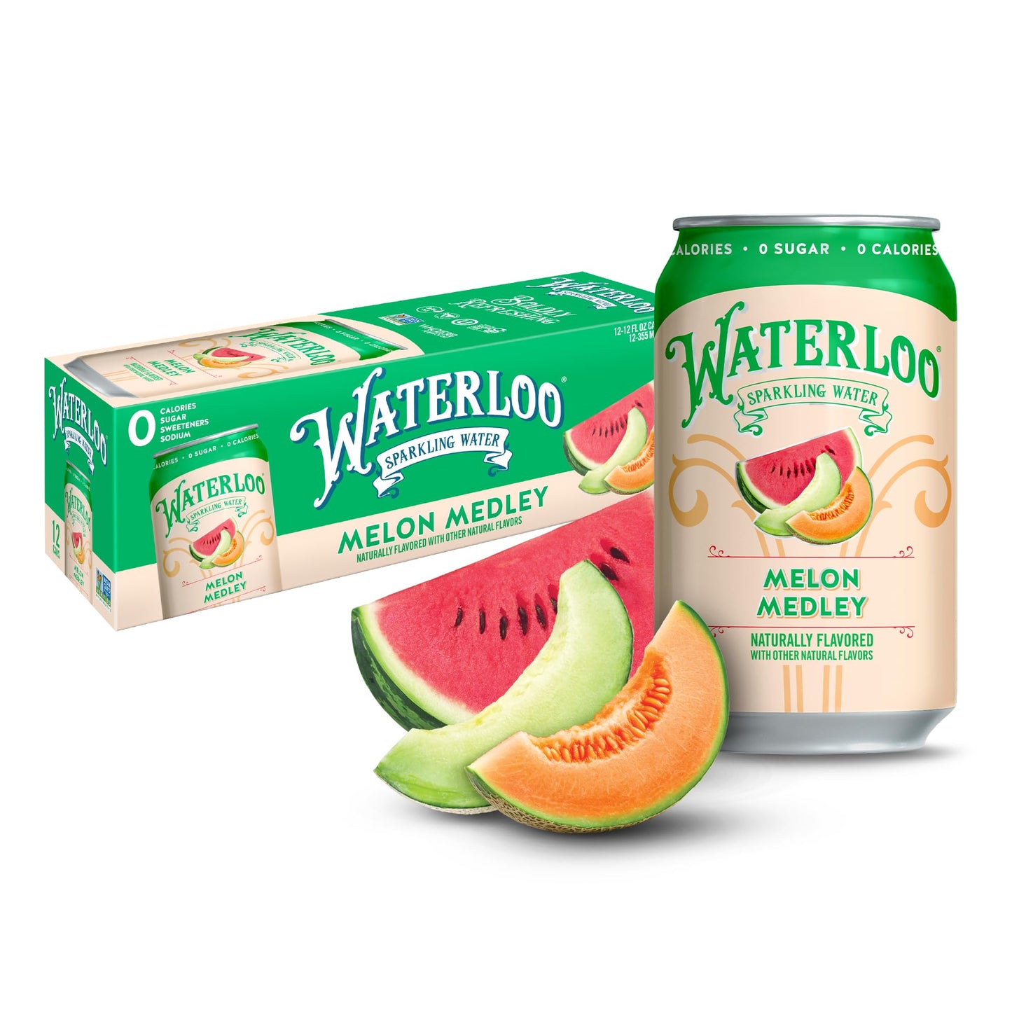 Waterloo Sparkling Water, Melon Medley Naturally Flavored, 12 Fl Oz Cans (Pack Of 12) - Zero Calories And Zero Sugar Or Sweetene