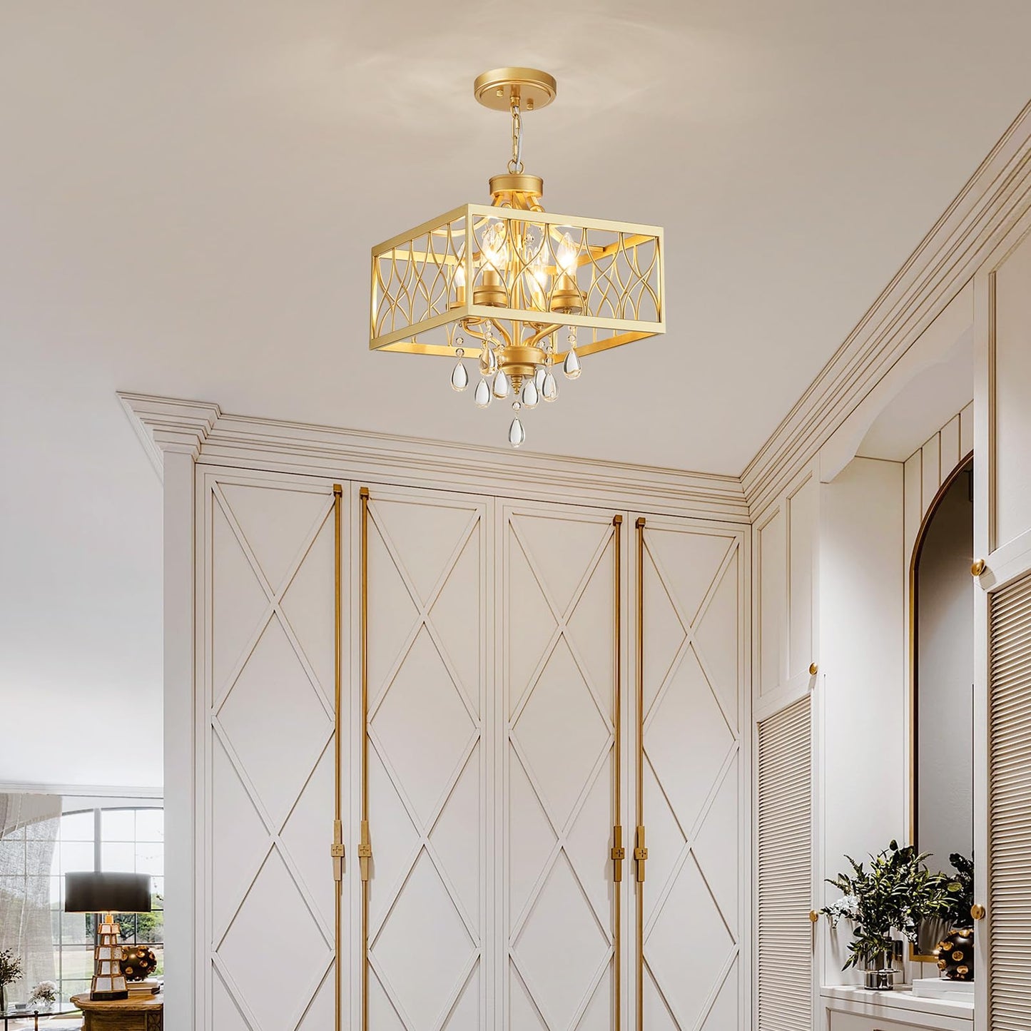 Farmhouse Crystal Chandelier Gold Modern K9 Crystal Ceiling Chandelier Lighting Fixture  Hanging Pendant Light Fixture  Kitchen Island Lighting For Dining Room Living Room Entryway Bedroom Hallway