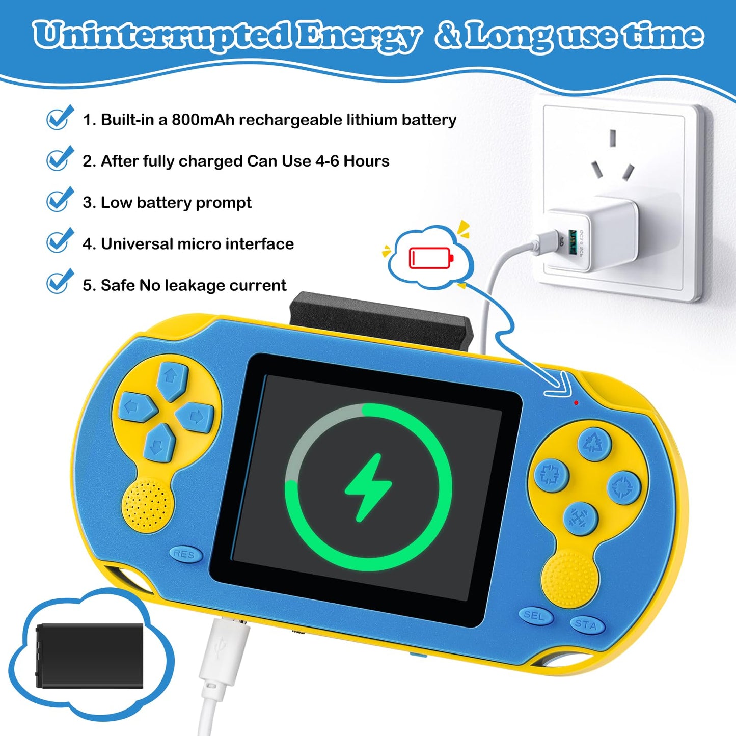 16 Bit Handheld Game for Kids, Video Game Player with Built in 230 HD Games, 3.0'' Screen Retro Electronic Machine with 3 Cartridges, Portable Rechargeable Games for Ages 3-12(Blue)