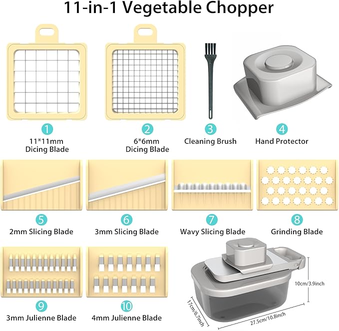 11-in-1 Vegetable Chopper for Kitchen, Food Chopper with Container, Mandoline Slicer Onion Dicer, Veggie Cutter for Fruit Salad Kitchen Gadgets Essential Tools (Beige)