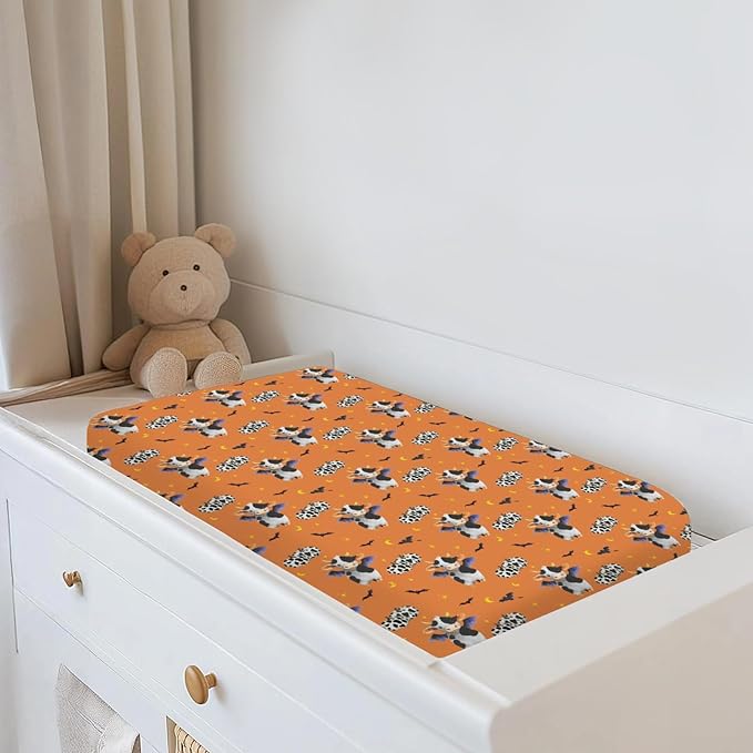 Halloween Cow Bats Pumpkins Baby Changing Pad Covers for Boy Girl Cute Cows Moon Stars Fitted Change Table Pad Covers Mats Spooky Farm Animal Soft Diaper Change Table Cover Sheets 32''×16'' Orange