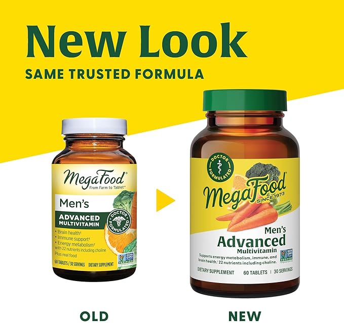 MegaFood Men's Advanced Multivitamin for Men - Doctor -Formulated - Choline, Vitamin B12, Vitamin D, Vitamin C & Zinc - Brain Health & Immune Support - Non-GMO - Vegetarian - 60 Tabs (30 Servings)