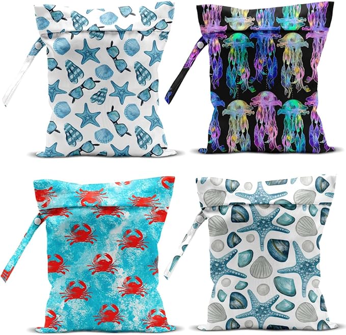 4 Pack Wet Bag for Swimsuit, Beach Travel Essentials Wet Dry Bag, for Sunscreen Toiletry Dirty Clothes Yoga Gym Diaper, Friend Summer Beach Vacation Gifts. Crabs, starfish, jellyfish