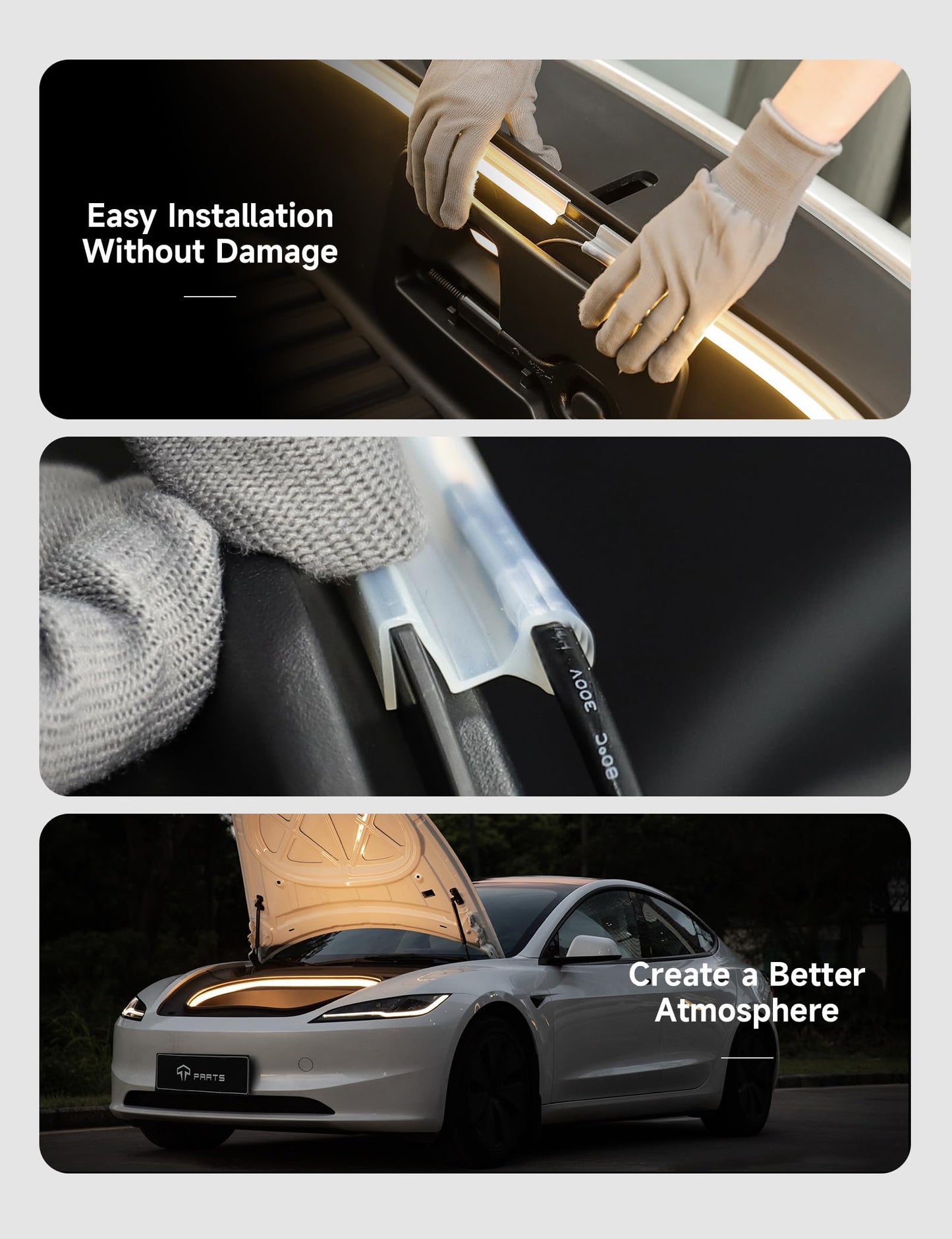 Tparts Frunk Led Strip For Tesla Model 3 Highland 2024 2025+ Flexible Silicone Waterproof Interior Lighting Bar  Easy Installation Tesla Front Trunk Accessories Ambient Lights