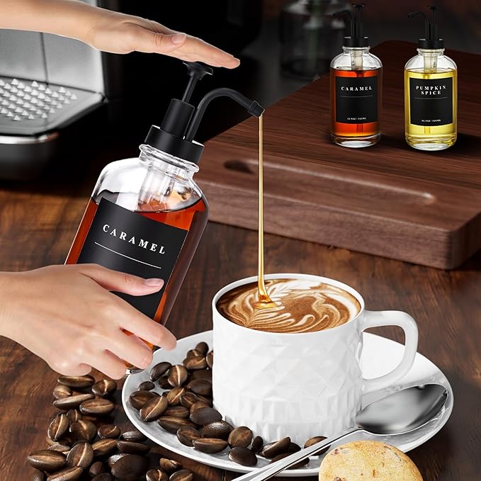 Coffee Syrup Dispenser for Coffee Bar, Coffee Syrup Pump Dispenser, Glass Syrup Bottle with Black Upgraded Pump, 1 Pack 16.9 oz 500 ml Syrup Dispensers, 28 Labels