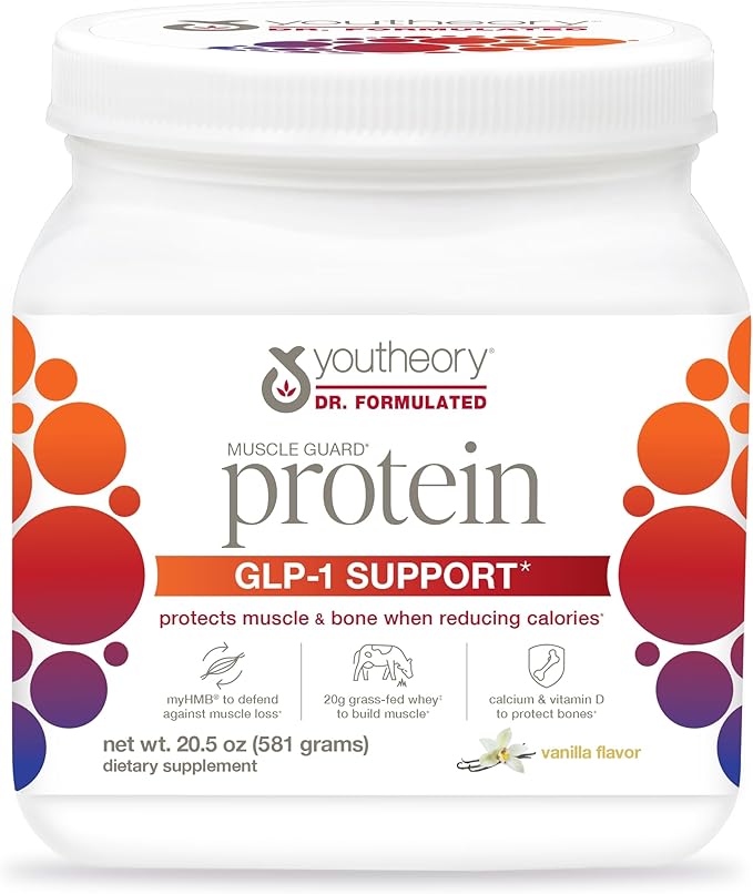 Youtheory Muscle Guard Protein GLP-1 Support - Whey Protein Powder Supplement - for GLP-1 Users - Supports Muscle & Bone - with myHMB, Calcium & Vitamin D - 20.5 oz Powder