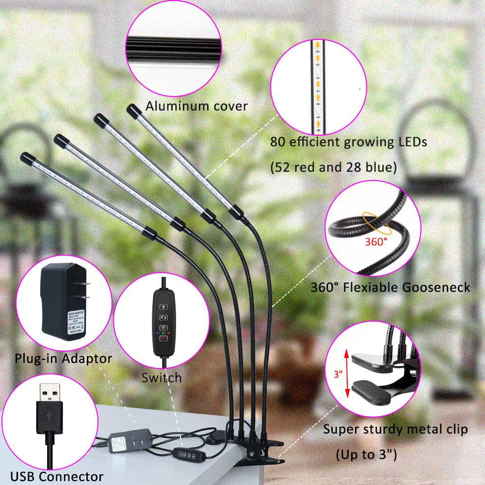 Felibeaco 80W LED Grow Light for Indoor Plants, 4 Head Full Spectrum, Auto Timer, 360° Flexible Gooseneck, Black, Clip Model