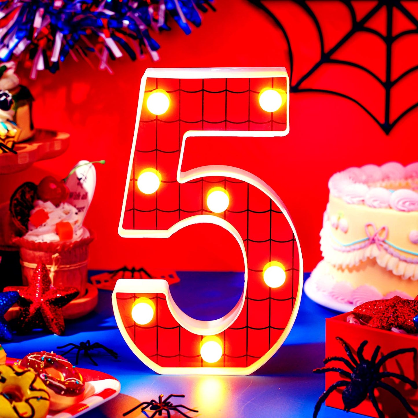 Vihose Spider Led Number Lights Spider Birthday Party Decoration Light Up Numbers Kids Boy Man Birthday Supplies For Marquee Night Christmas Gift Baby Shower(Number 5)