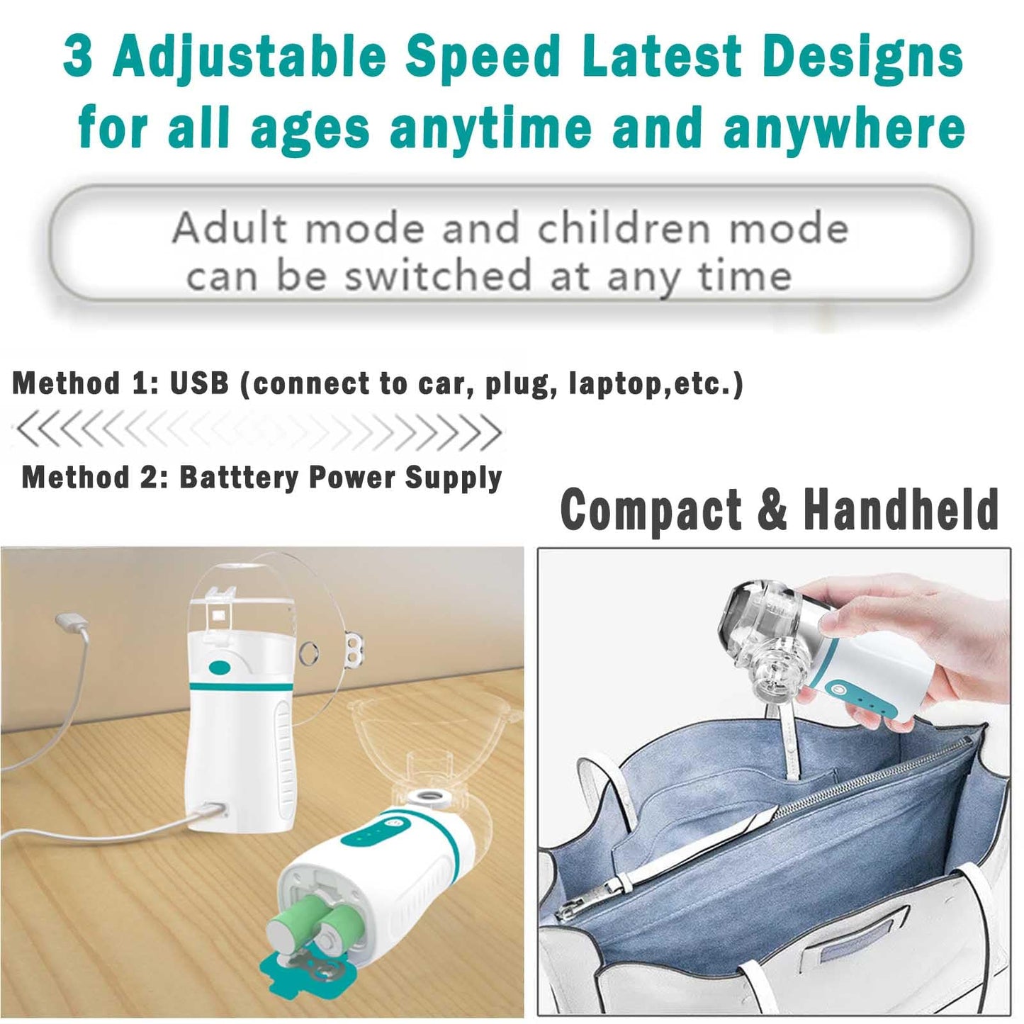 Portable Nebulizer with 3 Adjustable Speed, for Adults and Kids, Handheld Nebulizer for Breathing Issues, with Automatic-Cleaning, Laser Ultrafine Mesh Making, Effective for Home use