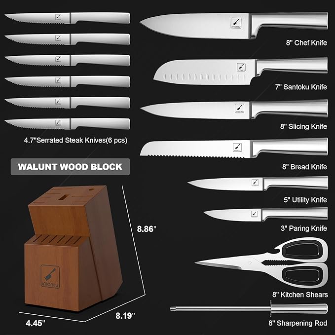 imarku 15 PCS Knife Set: Kitchen Knife Set with High Carbon Stainless Steel, Knife Block Set with Dishwasher Friendly Ultra Sharp Professional Chef Well Balance Knives Set, Best Gifts for Women Men