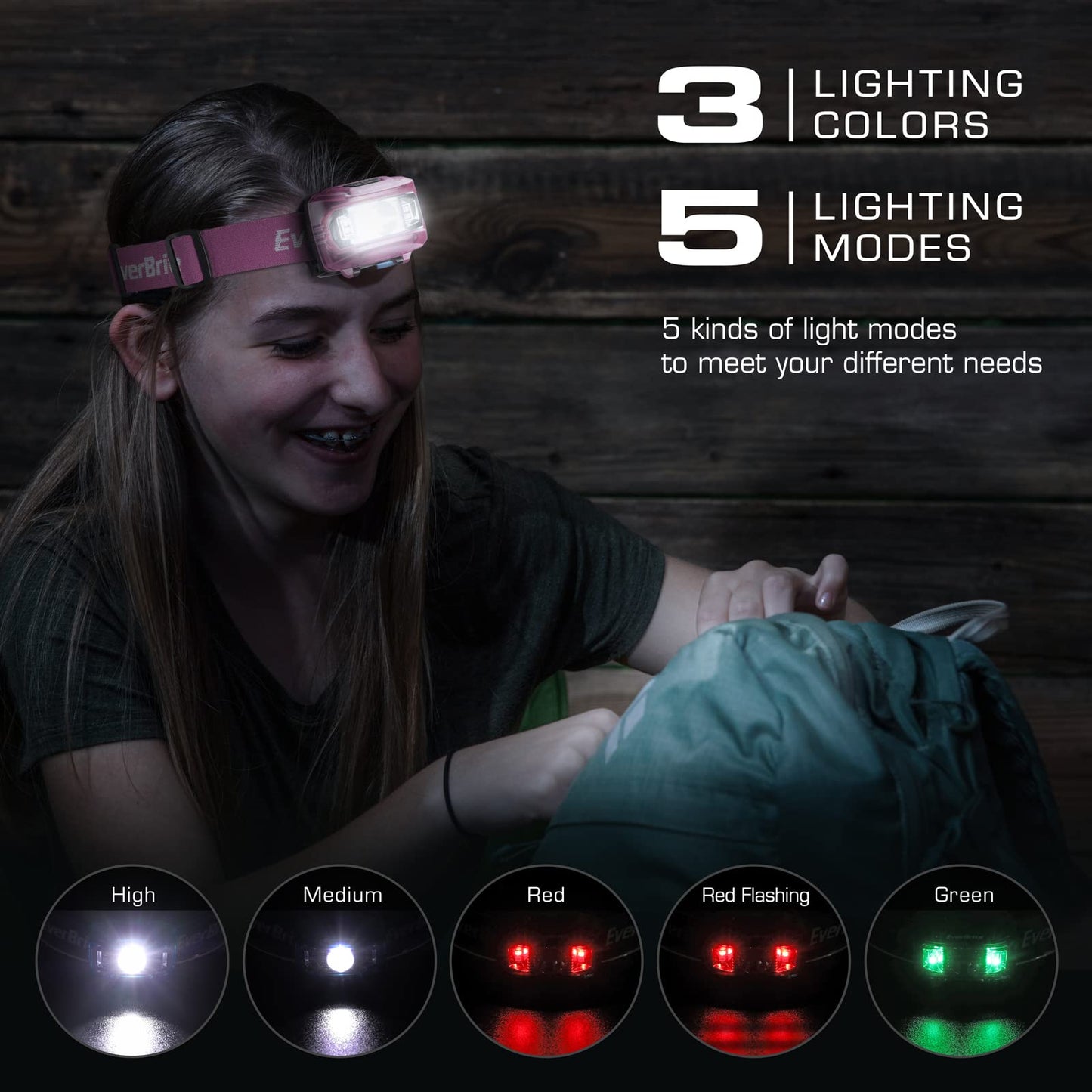 EverBrite Headlamp 2 Pack Kids Headlamp with Red Light, 5 Modes, Adjustable Size, Pink, Model E001023