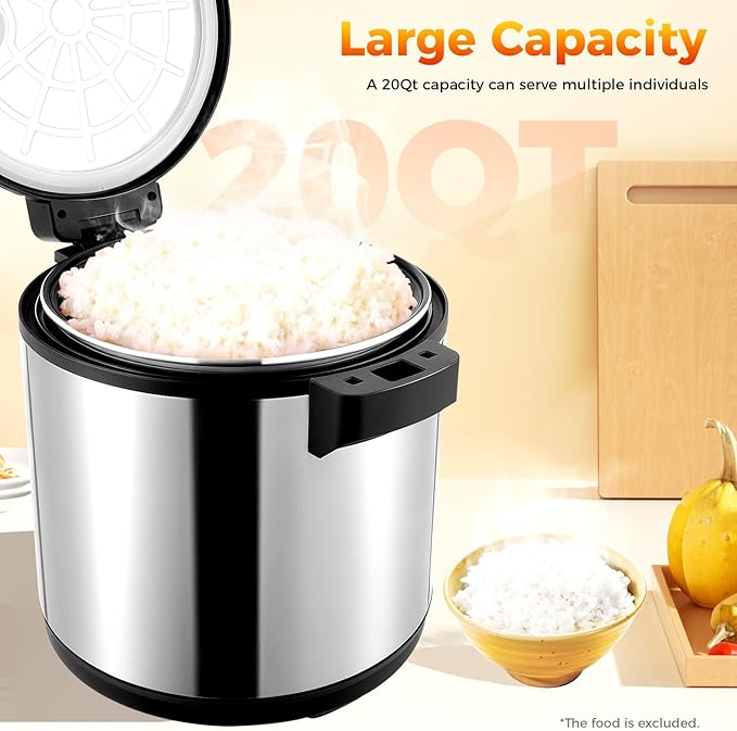 Commercial Rice Warmer & Food Warmer 19L (20Qt), Large Capacity Stainless Steel Rice Cooker Warmer with Non-Stick Pot, 2 Adjustable Temperature, Auto Keep-Warm for Restaurants, Catering, Parties