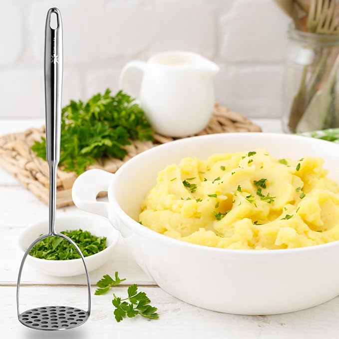 Potato Masher Stainless Steel - Mashed Potato Masher Kitchen Utensil，14" Potato Smasher For Potatoes, Bean, Vegetable & Fruits，Pet Food, Metal Avocados Smasher Tool, Dishwasher Safe, Christmas gifts