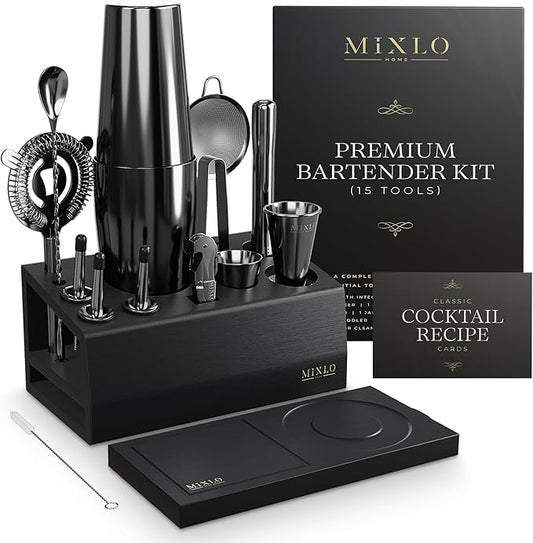 MIXLO HOME Mixology Bartender Kit - 15Pcs Bar Set Cocktail Shaker Set w Black Bar Cart Accessories Stand - Shakers Bartend...
