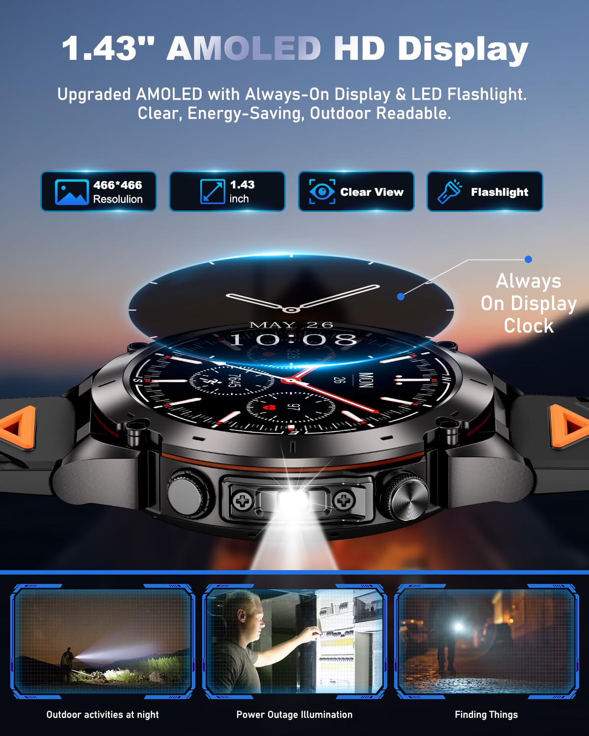 PODOEIL GPS Military Smart Watch for Men with Bluetooth Call, 1.43" AMOLED Waterproof Fitness Tracker with Heart Rate/Sleep Monitor/Flashlight, 170+ Sports Modes, 730mAh Battery for Android/iOS
