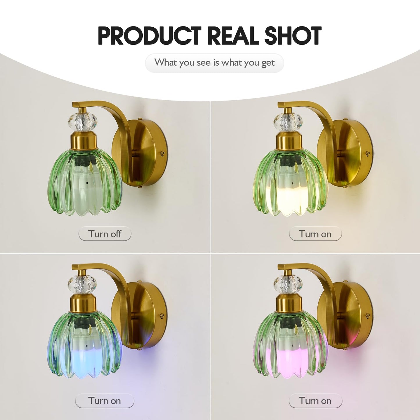 Qgiytp Vintage Gold Wall Sconce Set of 2, Dimmable, Rechargeable with Green Tulip Glass Lampshade, Iron, Model U-3063