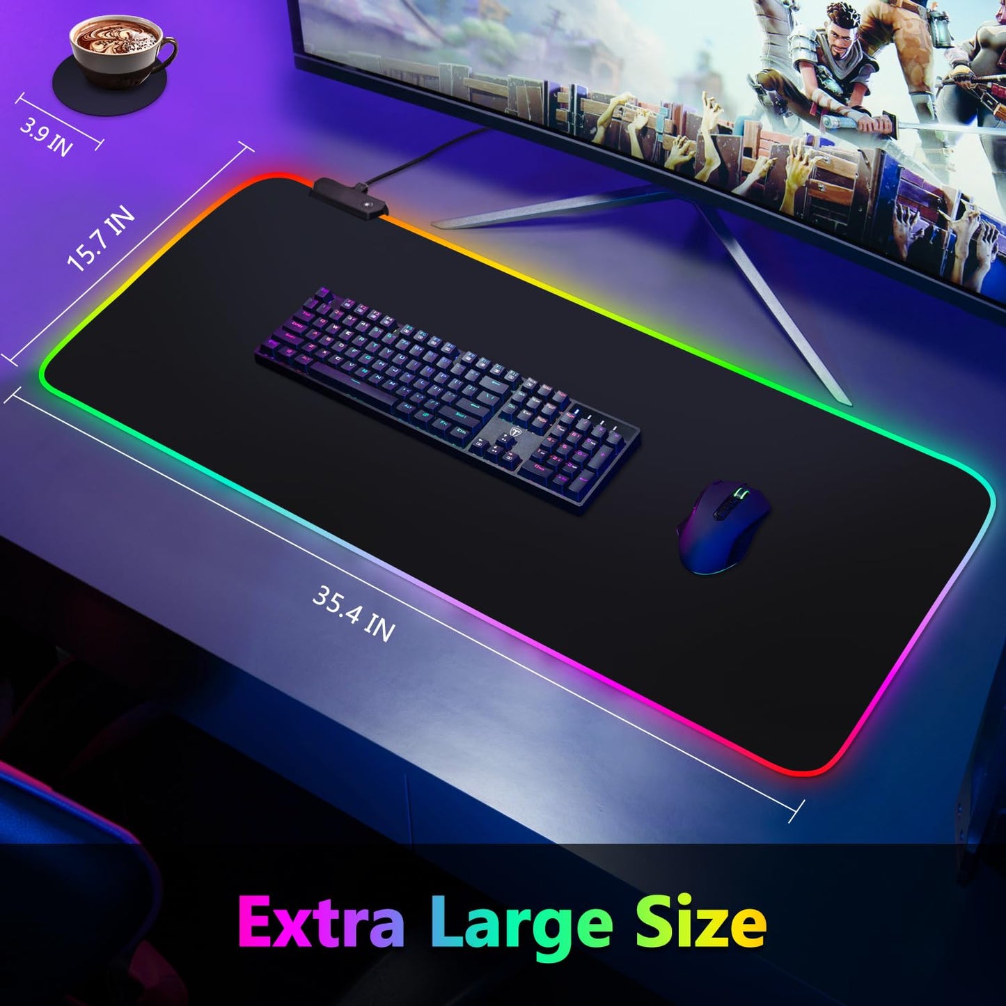 YQE RGB Gaming Mouse Pad: 35.4"x15.7" Desk Mat for Keyboard and Mouse, LED Game Mousepad with 14 Colors Light Modes, Non-Slip Desk Pad Matt Protector+Coasters-for Home, Office, Desktop-Black