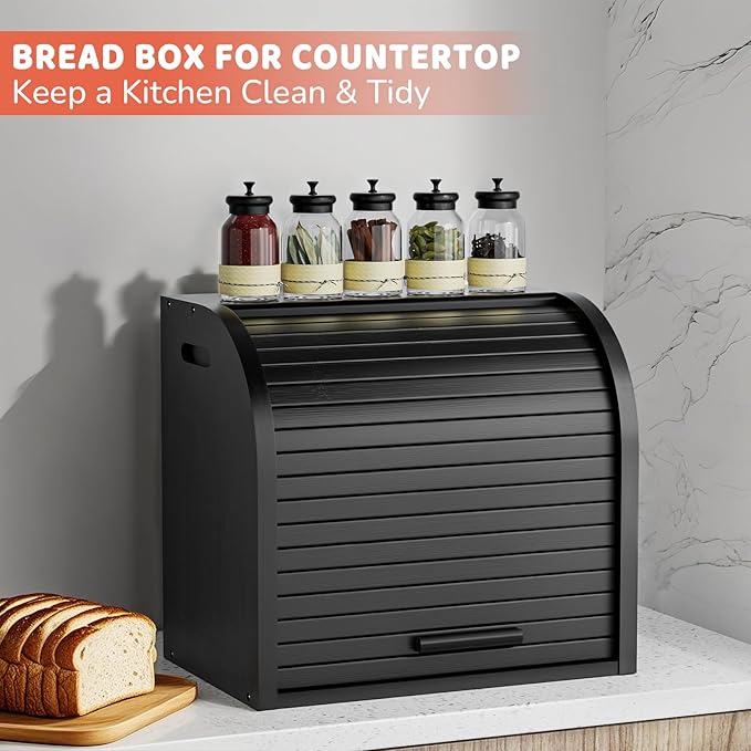 G.a HOMEFAVOR Bread Box: Large 2-Tier Bamboo Roll Top Bread Storage Container for Kitchen Counter, Bread Holder Food Bin for Countertop, Self-Assembly, Black