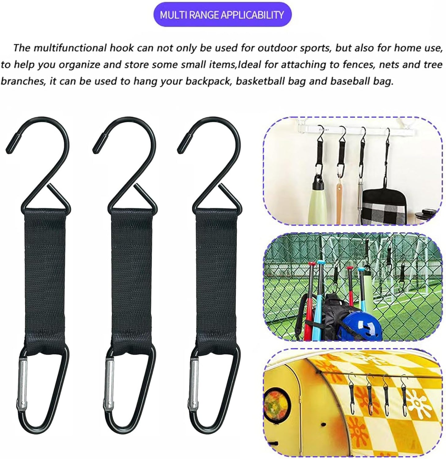Carabiner Fence Hooks, Fence Hook for Tennis Baseball Bag, Hanging Nylon Safety Metal Buckle Hooks for Outdoor Sports Backpacks Water Cups Camping Equipment