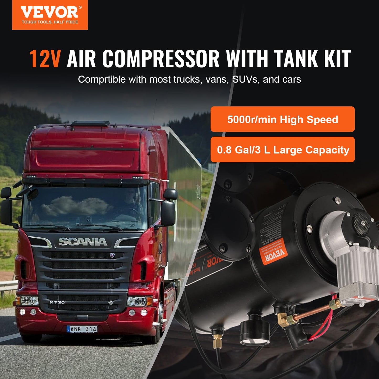 Vevor 12V Air Compressor With Tank 0.8 Gallon/3 L, Train Horn Air Compressor, 120 Psi Working Pressure Onboard Air Compressor Sy