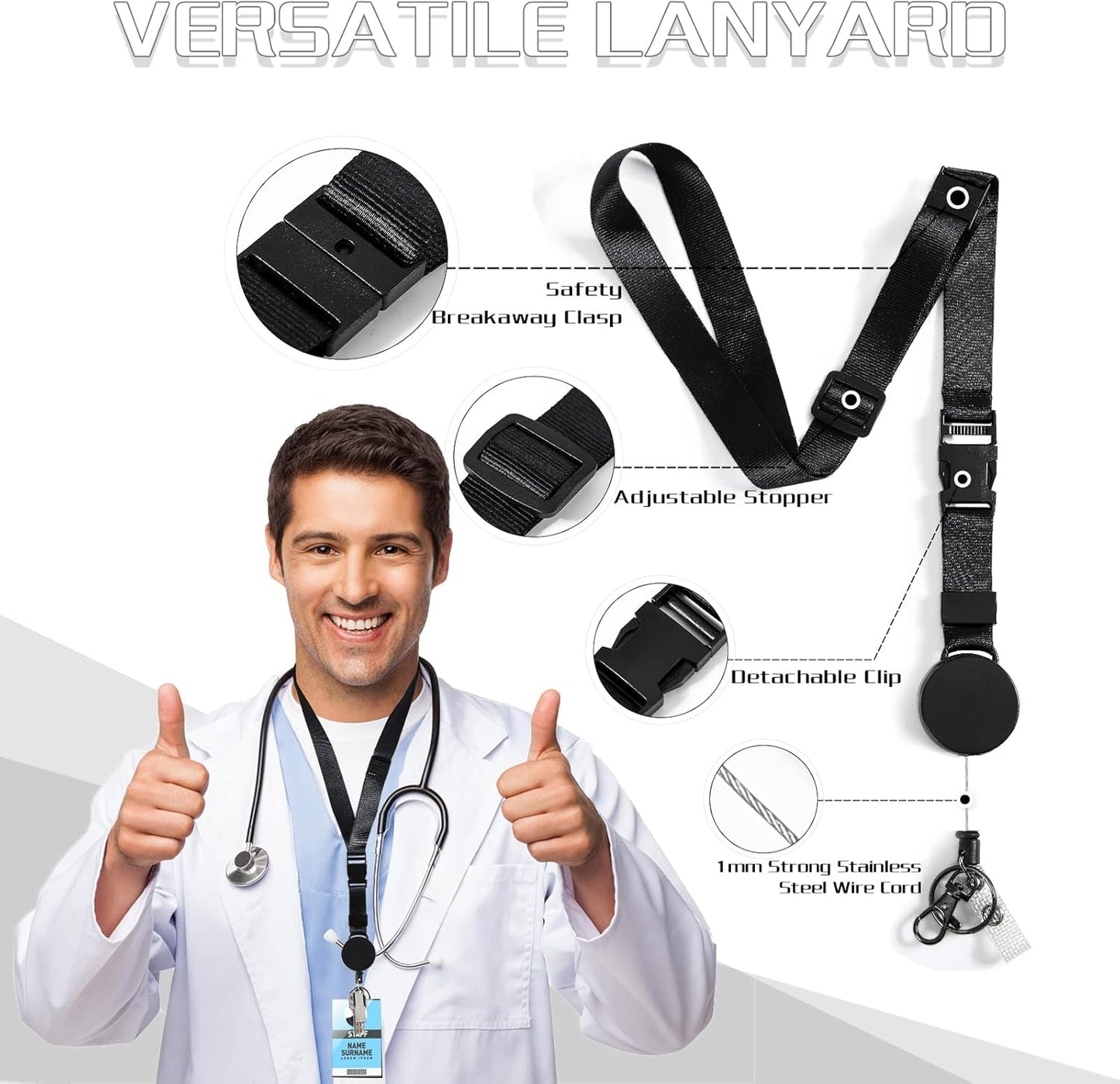 DELSWIN Heavy Duty Retractable Lanyard - Breakaway Lanyards for ID Badges Keys, Retractable Keychain with Upgraded Carabiner, Key Ring, and 2-Card Thumb-Slot Badge Holder, 8 oz Retraction