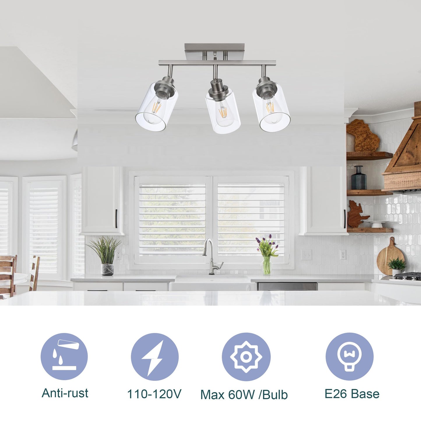 Wanluce 3 Light Track Lighting Kit Brushed Nickel Kitchen Track Lighting Fixtures Ceiling Mount Bathroom Vanity Wall Scones Light Fixture With Clear Glass  Rotatable Spotlight For Kitchen Shop Hallway