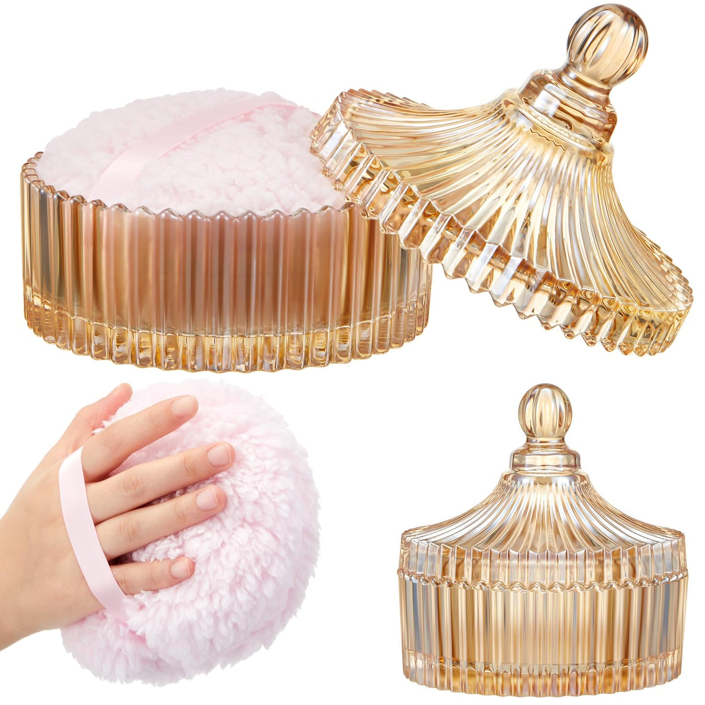 Tioncy 2 Pcs Extra Large Dusting Powder Puff and Container for Women-5.43'' Glass Crystal Dusting Powder Container with 5.91'' B