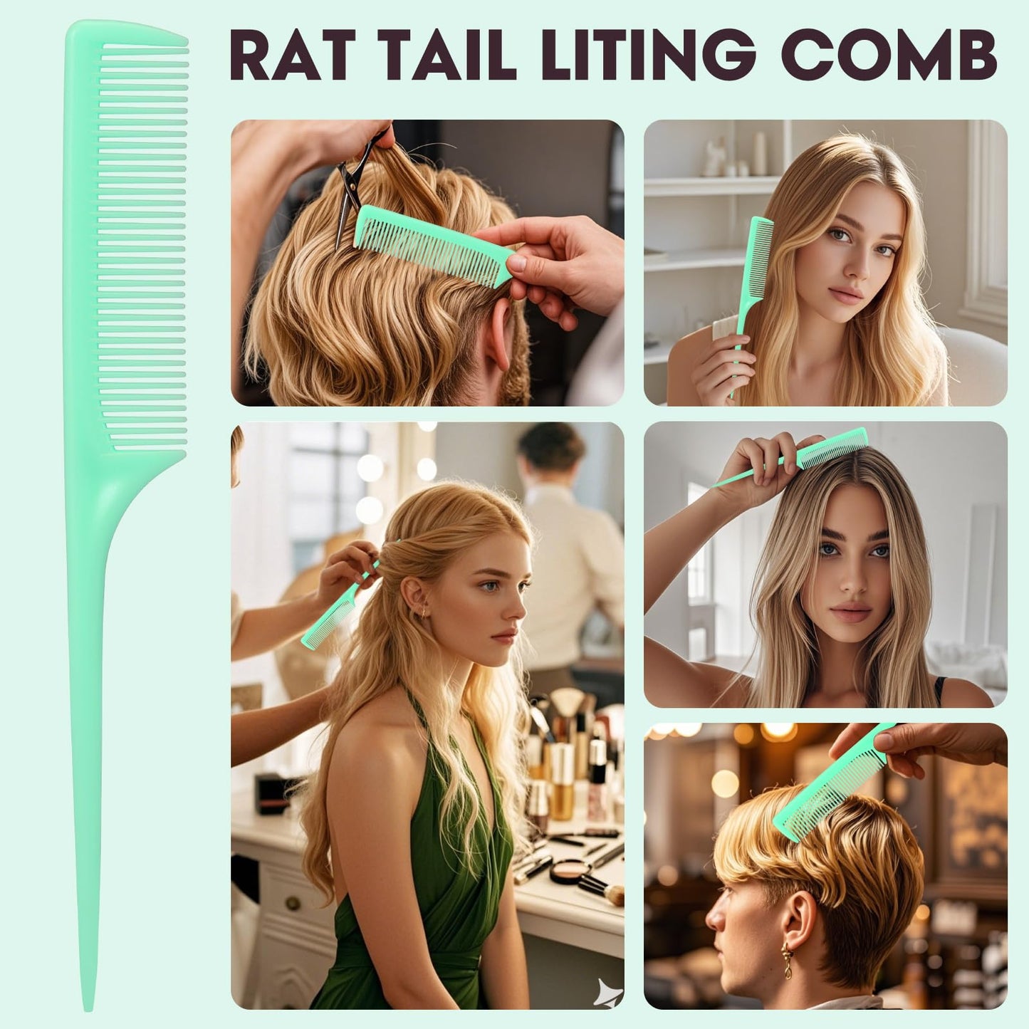 Rat Tail Comb Set-3Pcs Rat Tail Hair Teasing Fine Tooth Combs for Women Girls, Parting &Hair Styling Tools(Black Pink Green)