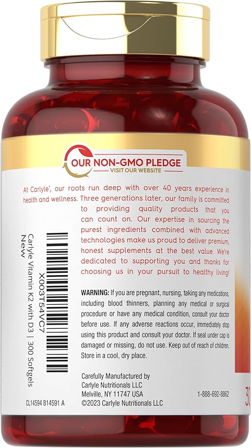 Carlyle Vitamin K2 and D3 Supplement | 300 Softgels | 200mcg K2 MK7 & 10,000 IU D3 | Non-GMO, Gluten Free